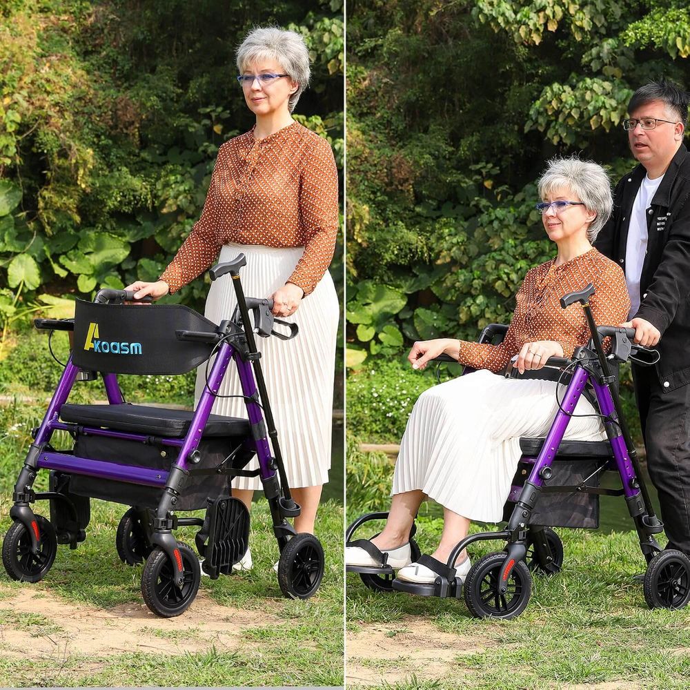 Akoasm rollator walker and wheelchair combo — senior walking with the rollator and seated in transport chair mode